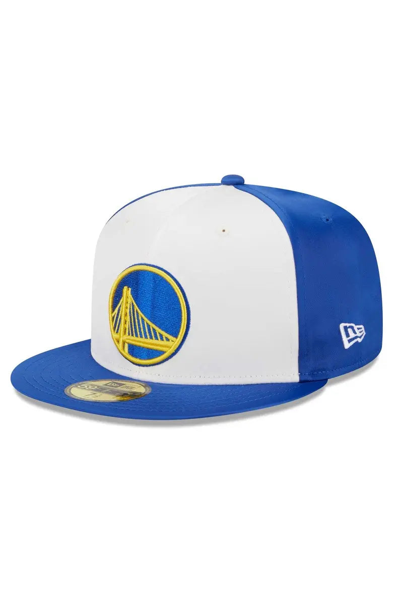 New Era men's NBA Golden State Warriors Throwback Satin 59FIFTY fitted hat features lustrous blue and white satin fabric