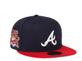 New Era Atlanta Braves 59FIFTY fitted hat featuring a red visor and a side patch celebrating the team's 30th anniversary in Atlanta