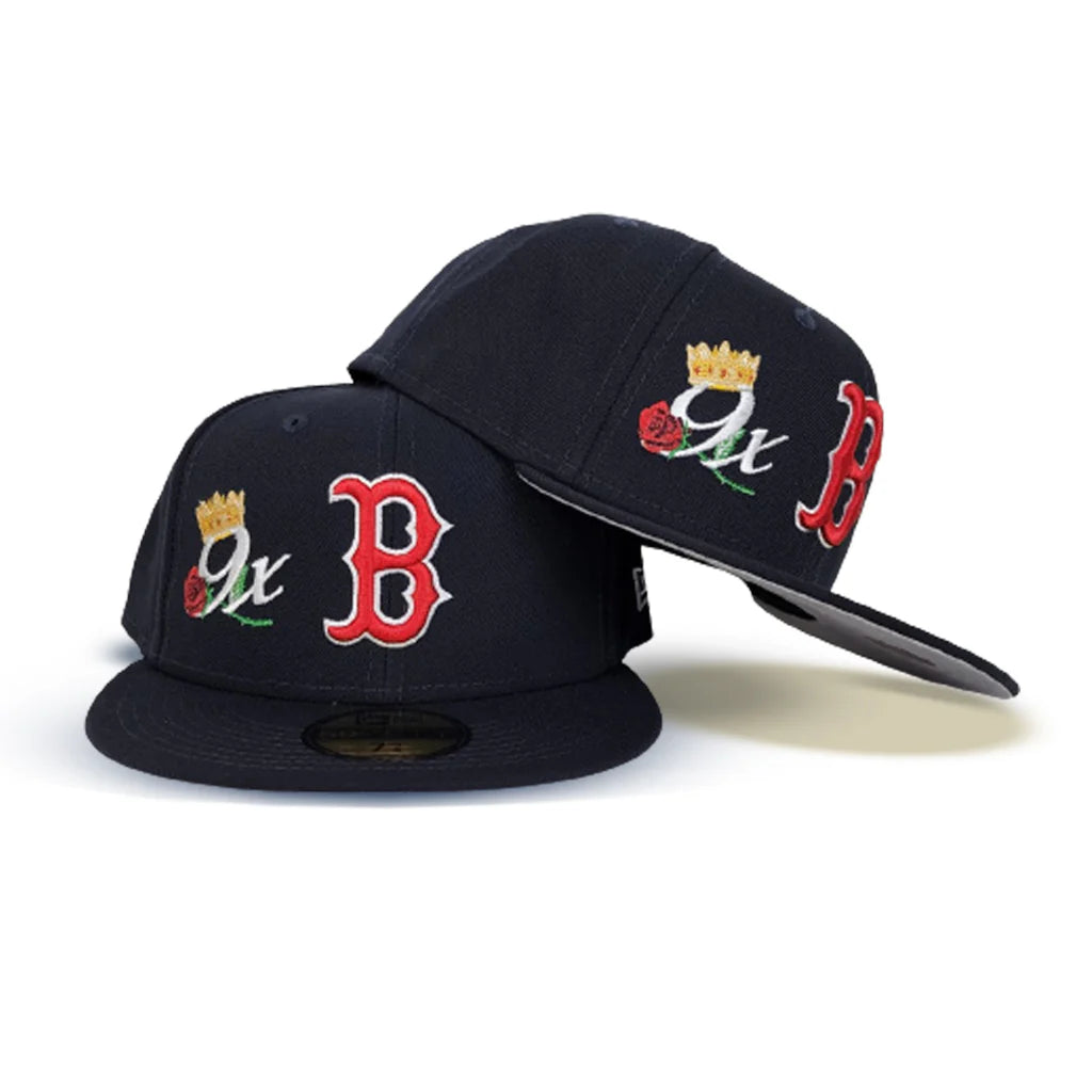 navy blue New Era 59FIFTY fitted hat features embroidered "9x" championship graphics with a crown and rose on the side