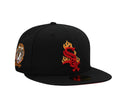 New Era Chicago White Sox World Series Champions Black Fire Edition 59Fifty fitted hat features a flaming logo and a colorful side patch.