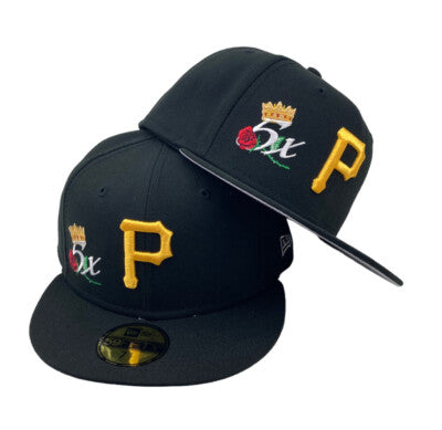 New Era Pittsburgh Pirates 5X World Series Champions Crown 59Fifty fitted hat features a black crown with a "5x" and crown emblem embroidered on the side.