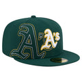 green New Era Oakland Athletics hat features prominent embroidered yarn stitch detailing on the logo.