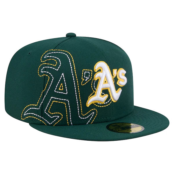 green New Era Oakland Athletics hat features prominent embroidered yarn stitch detailing on the logo.