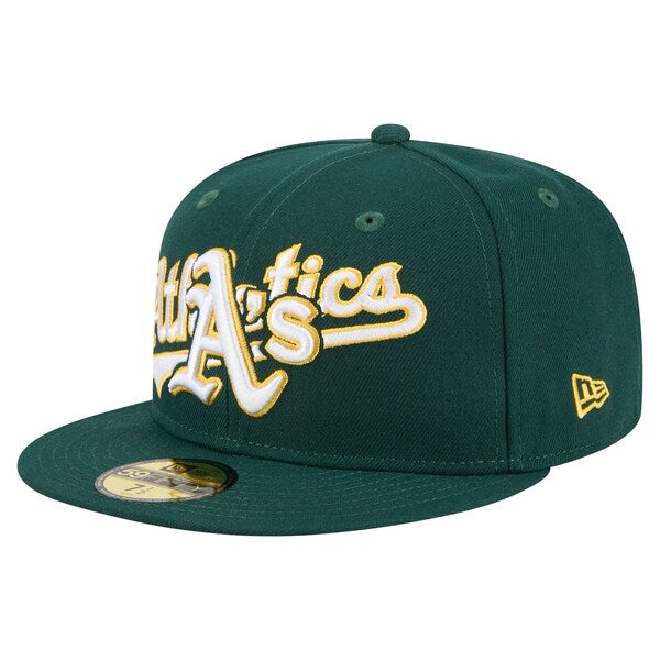 green New Era 9FIFTY snapback hat featuring an embroidered "Athletics" script logo in white and yellow