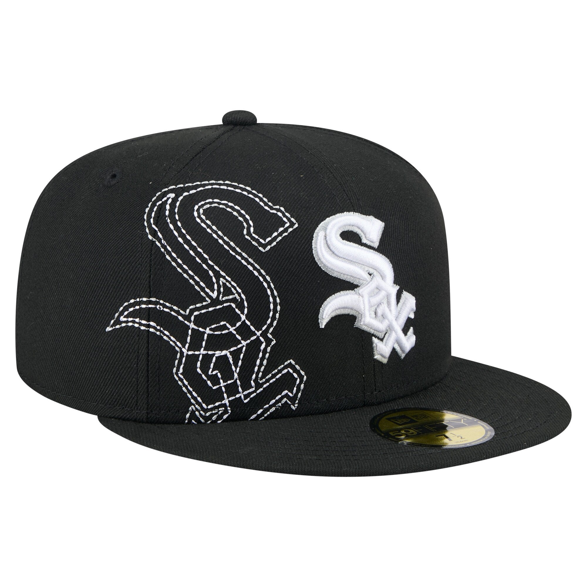 New Era 9FIFTY Chicago White Sox snapback hat featuring a unique double-logo design with black and white yarn stitching.